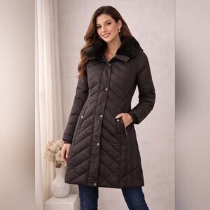 Michael Kors Chocolate Brown Quilted Puffer Coat w/ Faux Fur Collar – Size S